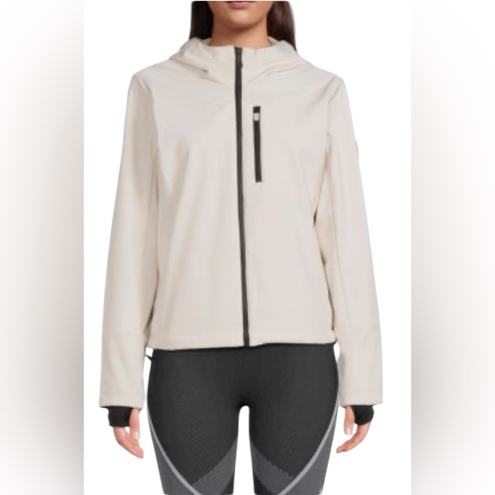 DKNY SPORT ZIP-UP SOFT SHELL HOODED JACKET WOMEN LONG SLEEVE CREAM COLOR SIZE XL